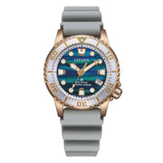 Citizen Promaster Blue Dial EO2023-00W - cinturino gomma grigia - cassa acciaio color oro rosa - quadrante verde e blu con datario